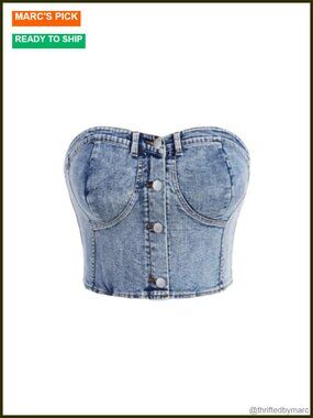 Plus Size Button Down Denim Tube Top Shirred Strapless Cropped Slim Fit